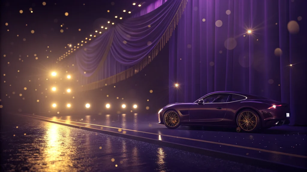 Fondo cinematográfico oscuro con luces doradas y violetas para el inicio